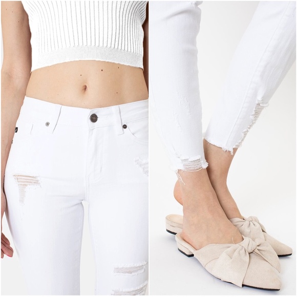 Kan Can White Distressed Frayed Hem Skinny Jeans - Picture 2 of 4